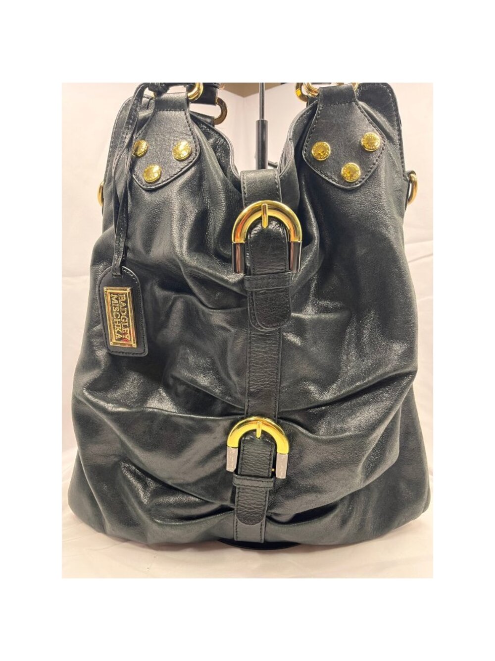 Badgley Mischka Black Leather Hobo Shoulder Bag Gold Buckle Hardware